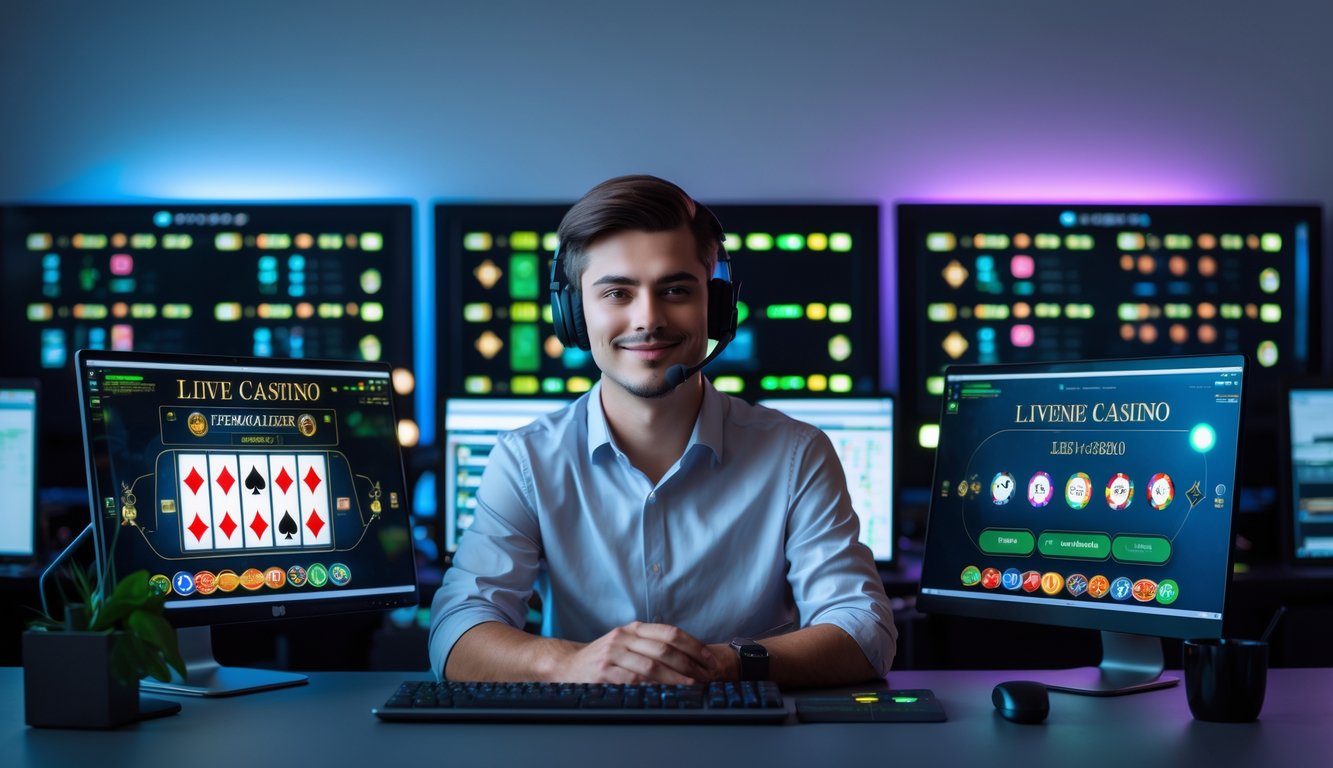 Seorang pria muda duduk di depan komputer dengan tampilan kasino online dan rak server di belakangnya.