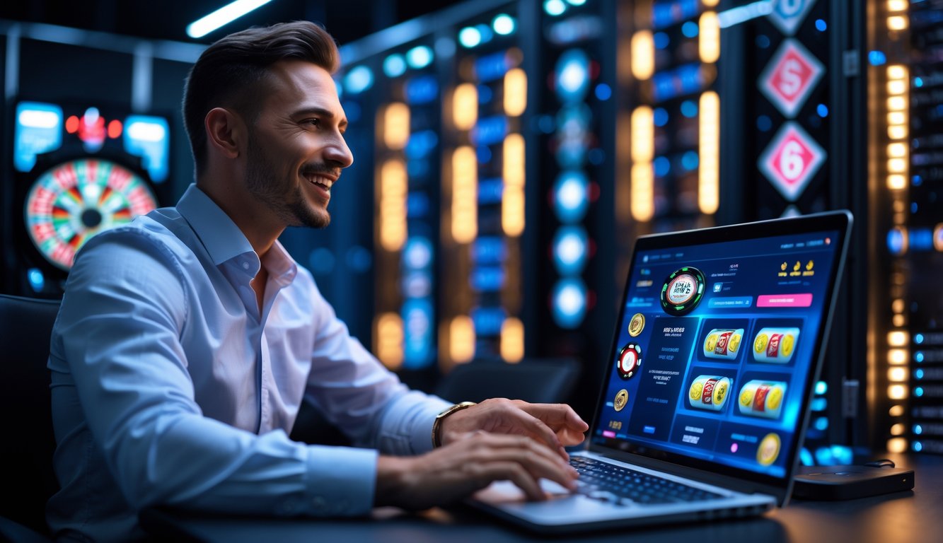 Seorang pemain sedang bermain kasino langsung online dengan latar belakang ruang server yang modern dan berlampu, menunjukkan kestabilan jaringan.