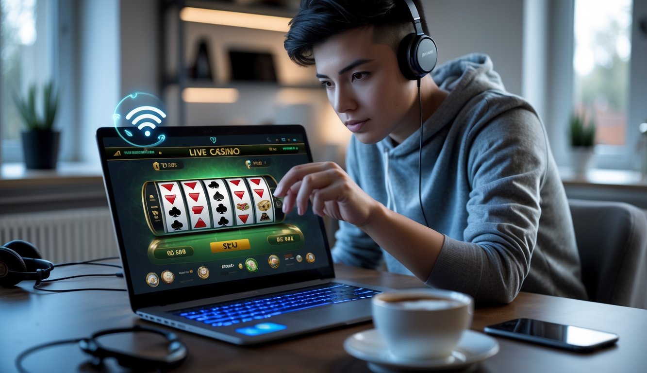 Seorang dewasa muda sedang bermain live casino online di laptop dengan latar ruang kerja yang rapi dan pencahayaan hangat.