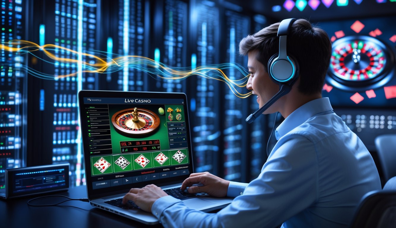 Seorang dewasa muda menggunakan laptop dengan latar belakang ruang server modern yang terang dan teknologi tinggi, menunjukkan suasana permainan kasino online secara real-time.