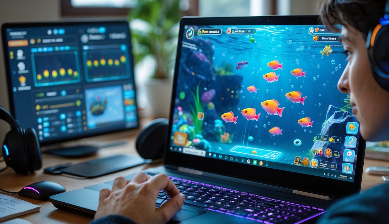 Seseorang sedang bermain game tembak ikan online di laptop di ruang kerja dengan suasana nyaman dan pencahayaan baik.