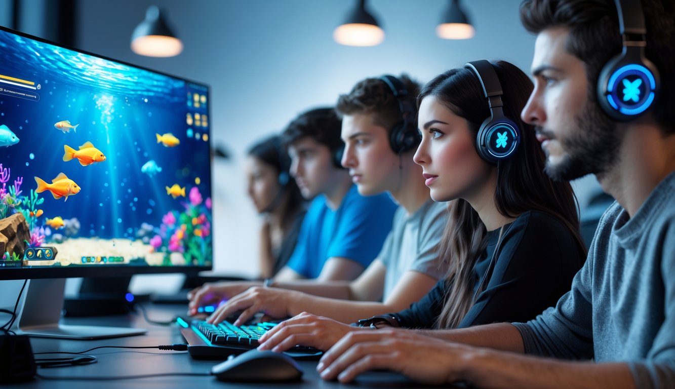 Orang-orang sedang bermain permainan tembak ikan online di depan komputer dengan gambar ikan berwarna-warni di layar.