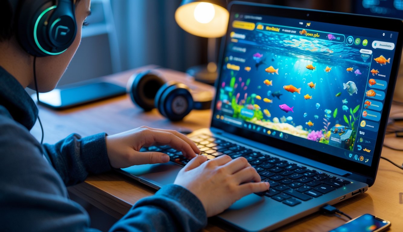 Seseorang sedang bermain permainan tembak ikan online menggunakan laptop di sebuah ruangan yang nyaman.