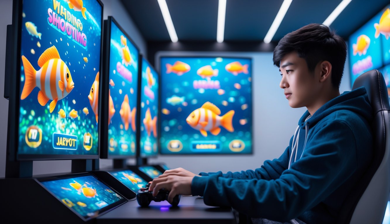 Seorang dewasa muda fokus bermain game tembak ikan di depan beberapa layar komputer dengan grafis ikan warna-warni dan ikon jackpot.