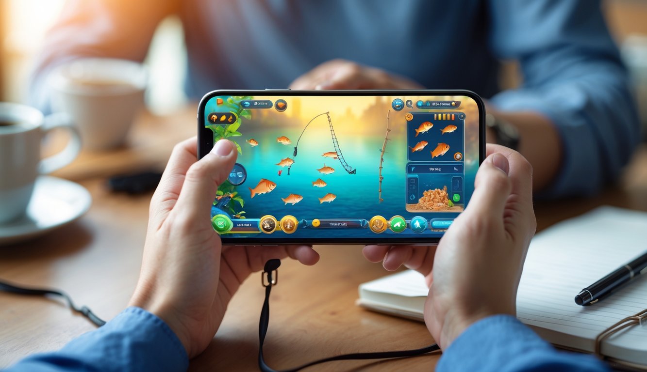 Seseorang memegang smartphone yang menampilkan permainan tembak ikan dengan latar belakang meja kayu dan beberapa alat tulis.