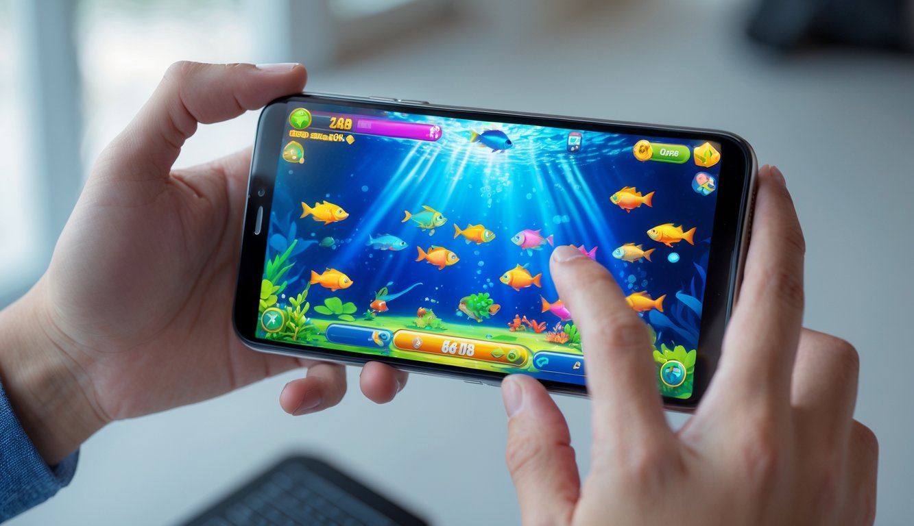 Seseorang memegang smartphone yang menampilkan permainan judi tembak ikan dengan ikan-ikan berwarna-warni di layar.