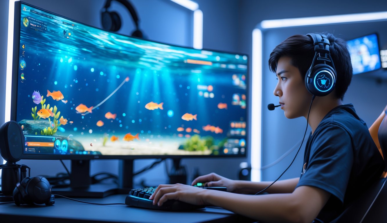Seorang pemain muda sedang fokus bermain permainan tembak ikan online di depan komputer dengan layar menampilkan ikan dan target di bawah laut.