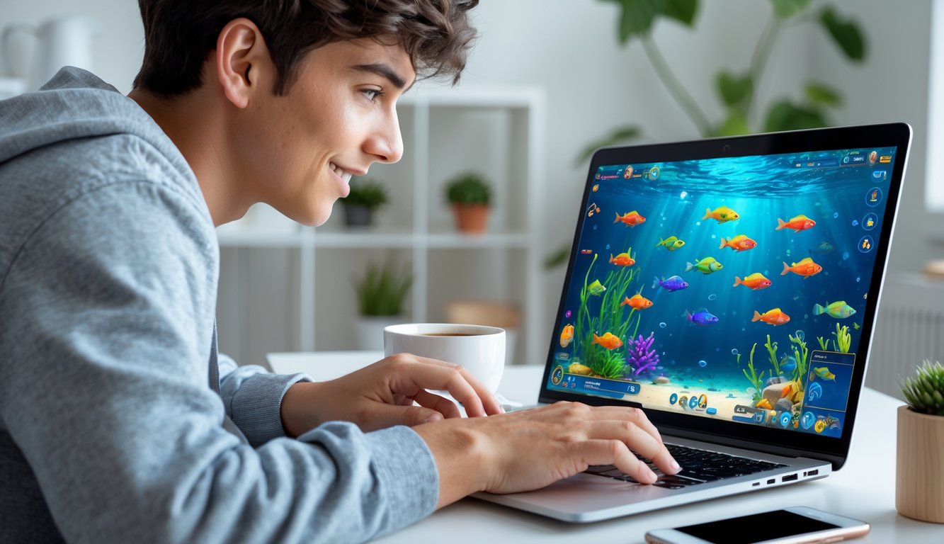 Seorang dewasa muda sedang bermain game tembak ikan online di laptop di dalam ruangan yang nyaman.