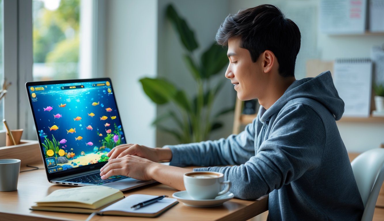 Seorang pria muda sedang bermain permainan tembak ikan online di laptop di rumah dengan ekspresi fokus dan suasana nyaman.