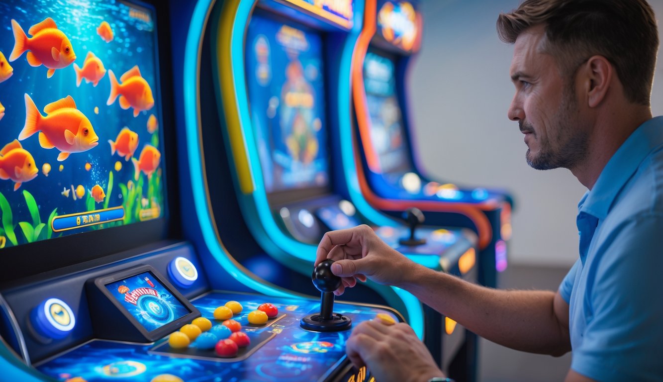 Seorang pemain dewasa yang fokus sedang bermain mesin judi tembak ikan di arcade dengan latar belakang warna-warni dan pencahayaan yang terang.