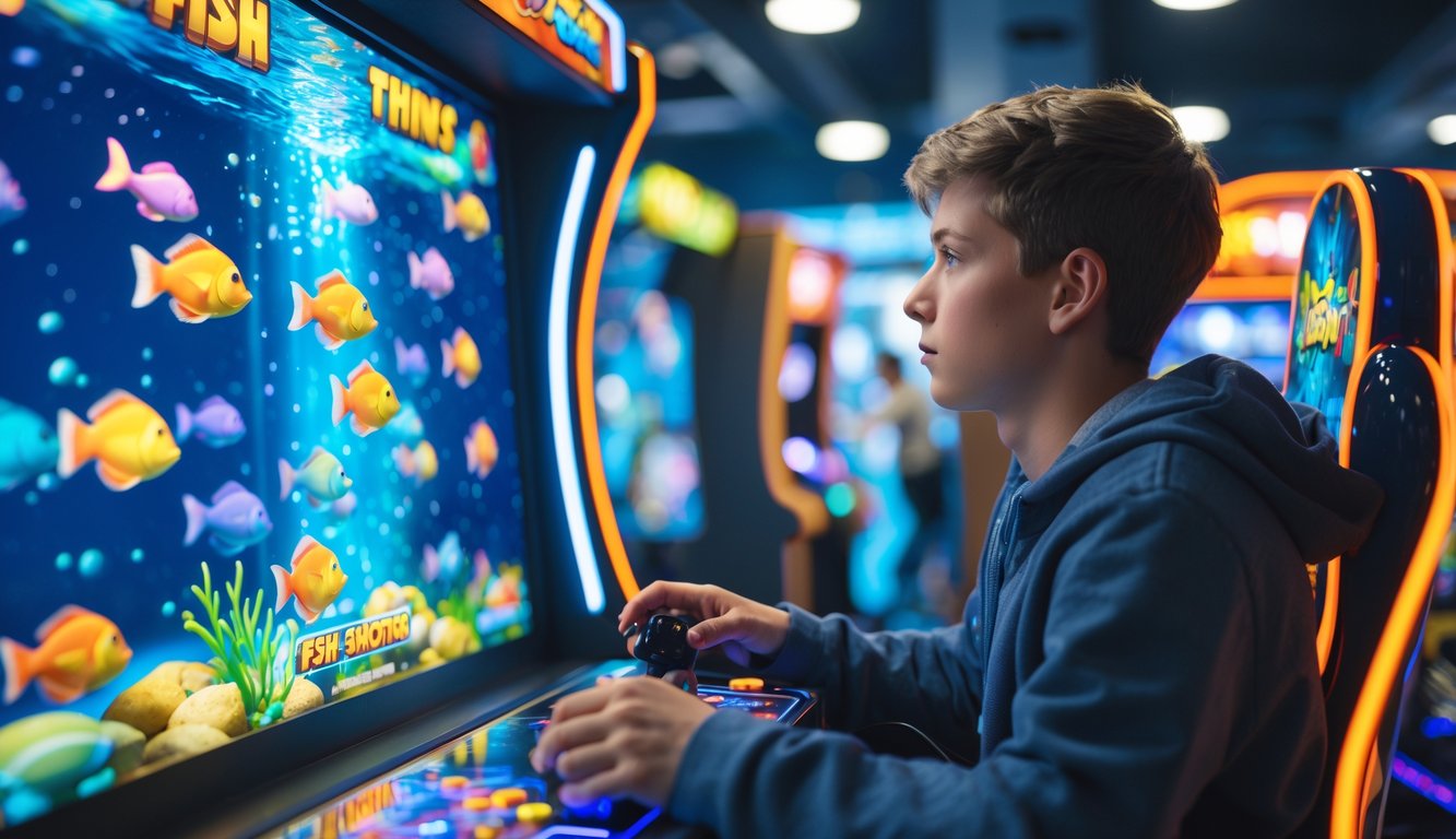 Seorang pemain fokus memainkan mesin tembak ikan di arcade dengan layar berwarna-warni dan latar dalam ruangan.