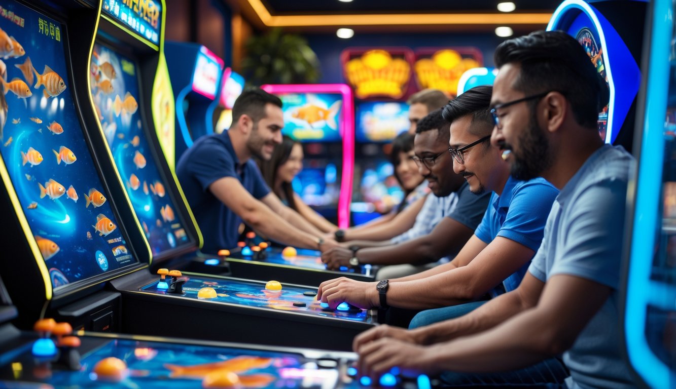 Sejumlah orang dewasa bermain mesin tembak ikan di arcade dengan fokus dan serius.