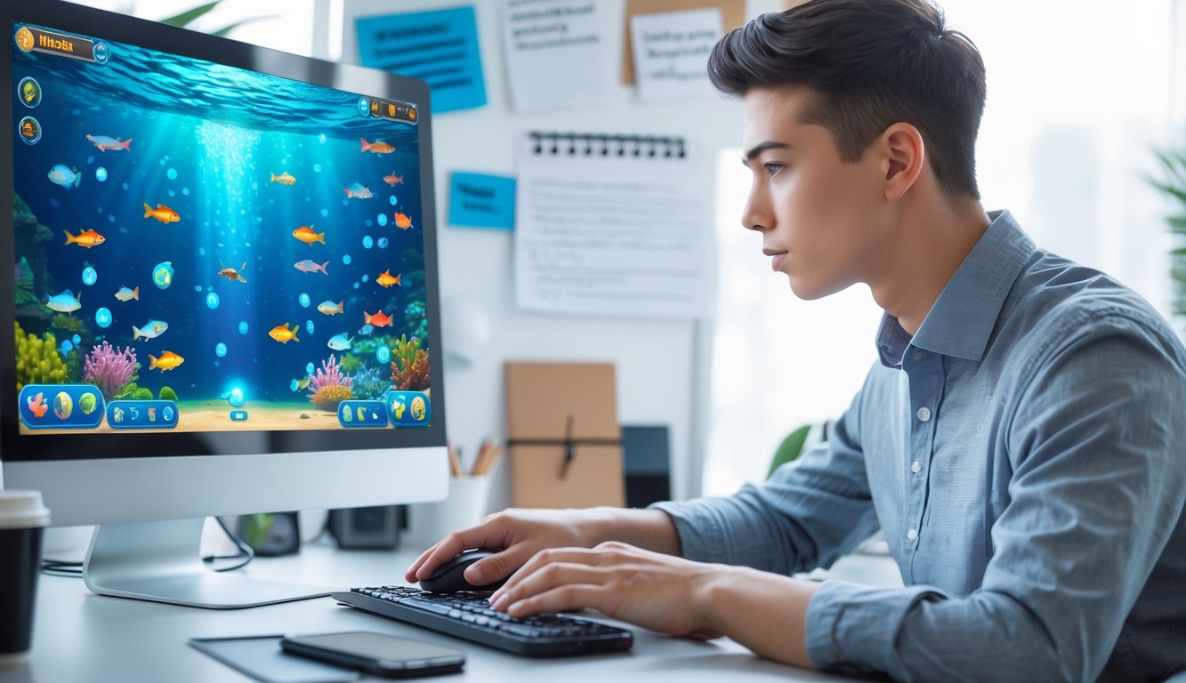 Seorang dewasa muda sedang bermain game menembak ikan di komputer di meja kerja yang rapi dengan catatan strategi dan minuman.