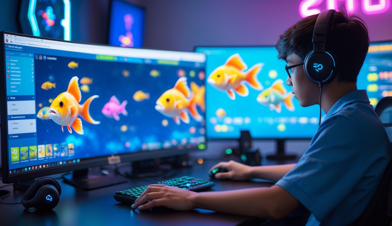 Seorang pemain fokus menggunakan komputer dengan permainan tembak ikan online di layar di sebuah meja kerja yang rapi.