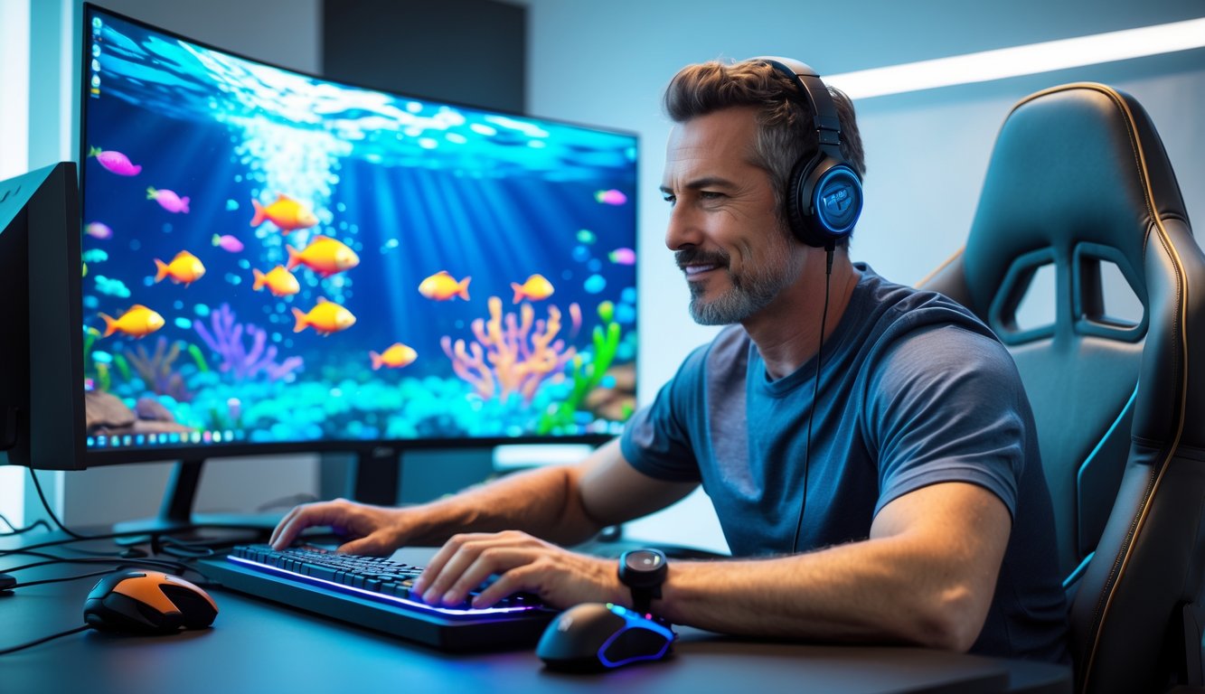 Seorang pria dewasa duduk di depan komputer dengan permainan ikan berwarna-warni di layar, terlihat fokus dan strategis dalam suasana ruangan modern.