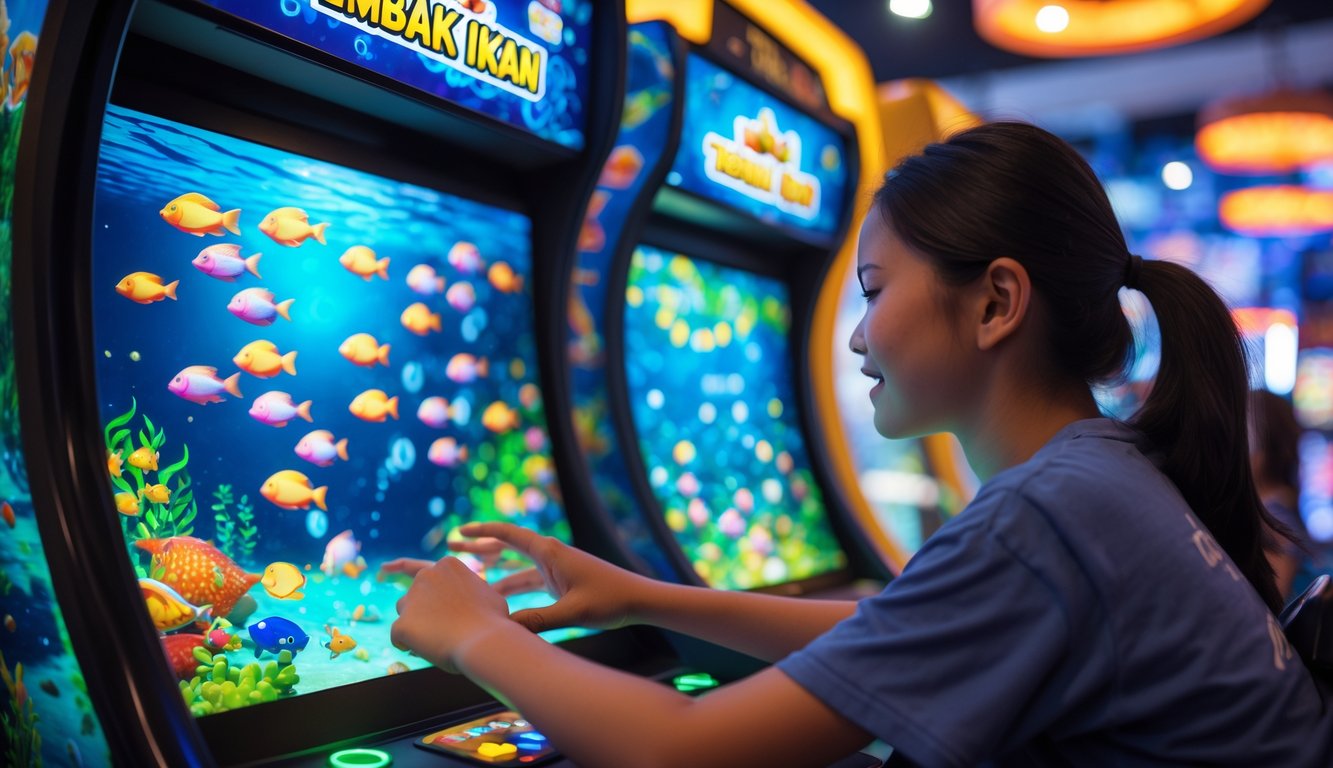 Seorang pemain sedang fokus bermain permainan tembak ikan di mesin arcade dengan latar bawah laut yang penuh ikan berwarna-warni.