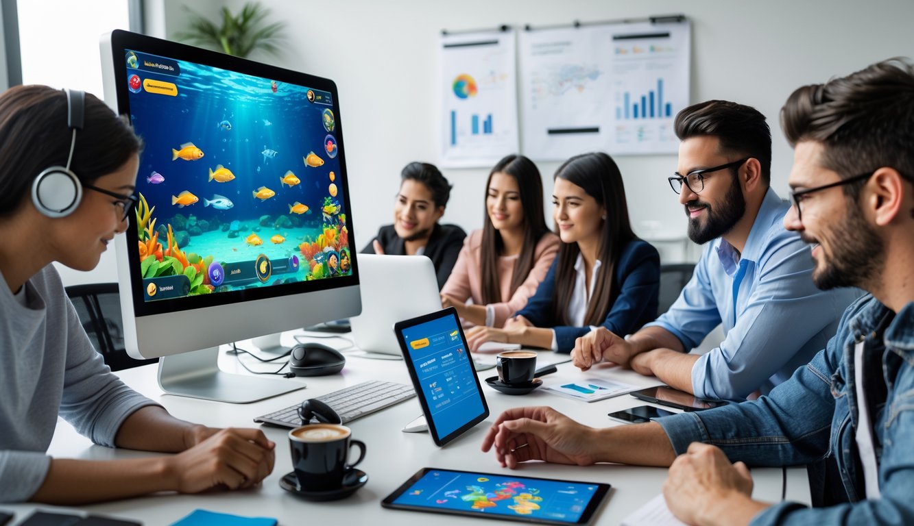 Orang-orang sedang berkumpul di meja kerja dengan komputer yang menampilkan permainan tembak ikan online, fokus pada strategi dan diskusi.