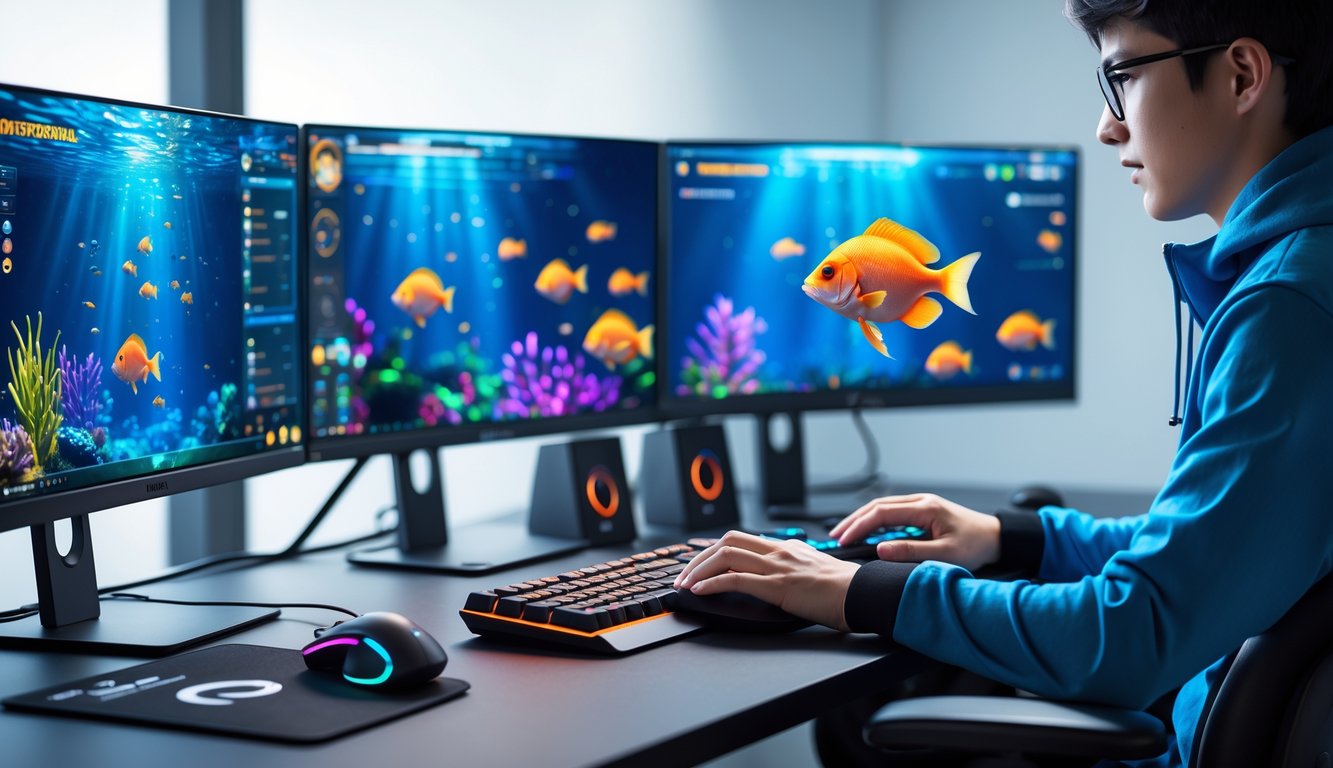 Seorang pemain fokus menggunakan komputer dengan layar menampilkan permainan tembak ikan online yang penuh warna.