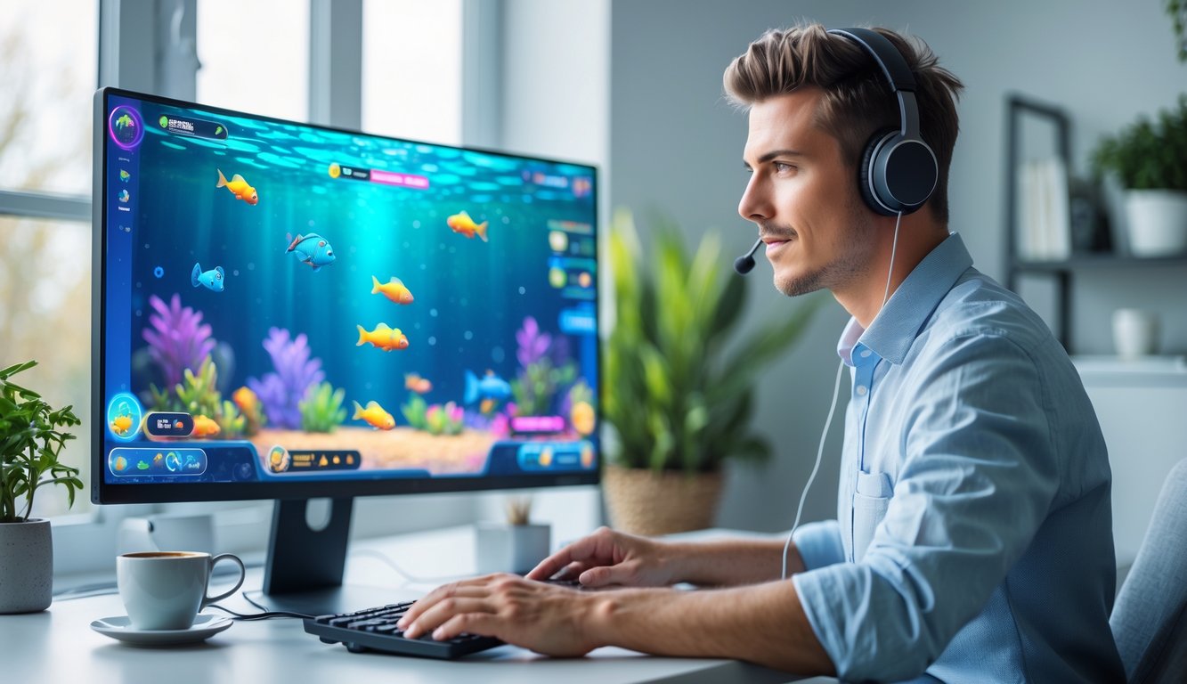 Seorang pria muda duduk di meja dengan komputer yang menampilkan permainan ikan online berwarna-warni, tampak fokus dan serius bermain di ruangan yang terang dan rapi.