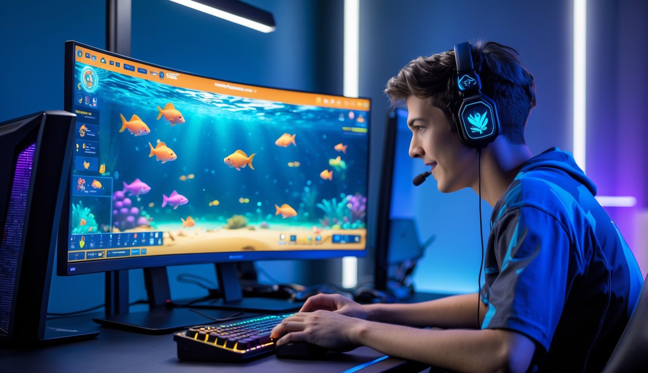 Seorang pria muda sedang bermain permainan tembak ikan online di depan komputer dengan layar penuh warna dan ruangan gaming yang remang-remang.