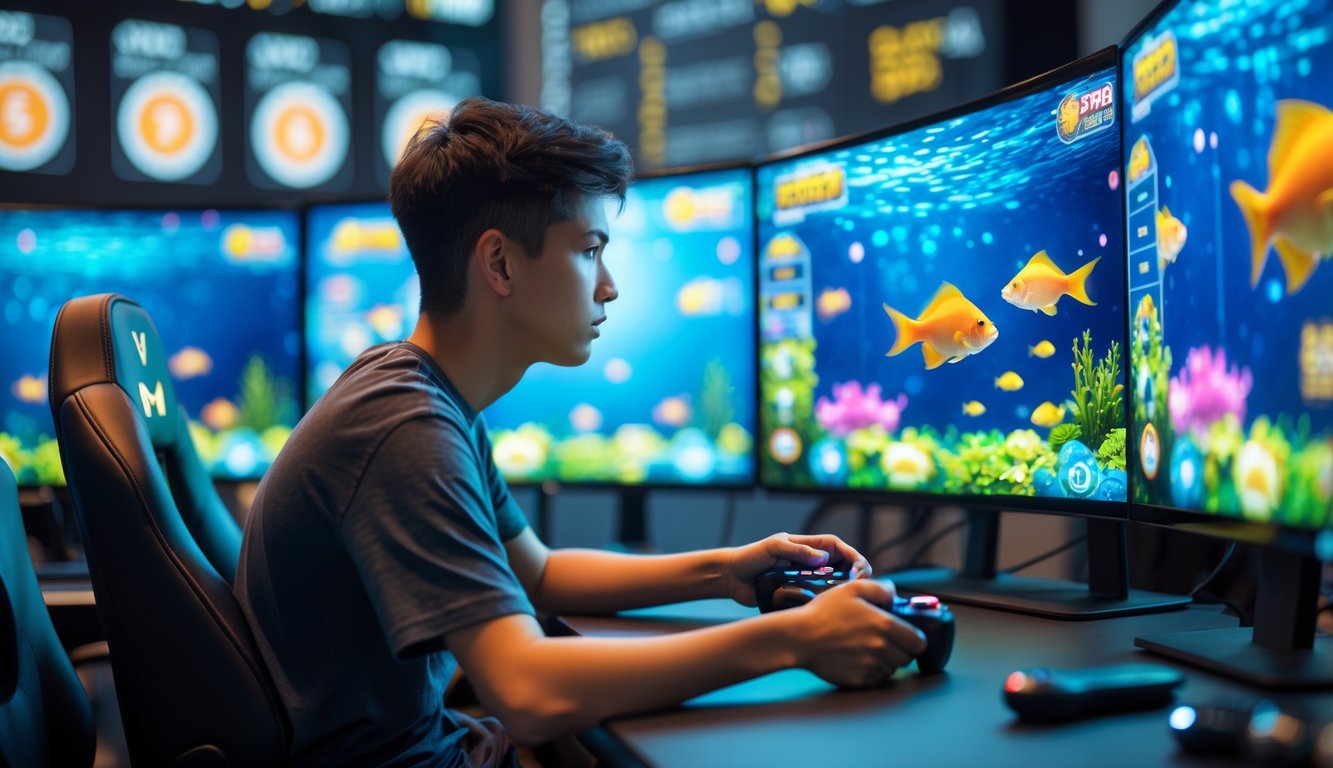 Seorang dewasa muda fokus bermain game tembak ikan di depan beberapa layar komputer dengan ekspresi percaya diri.