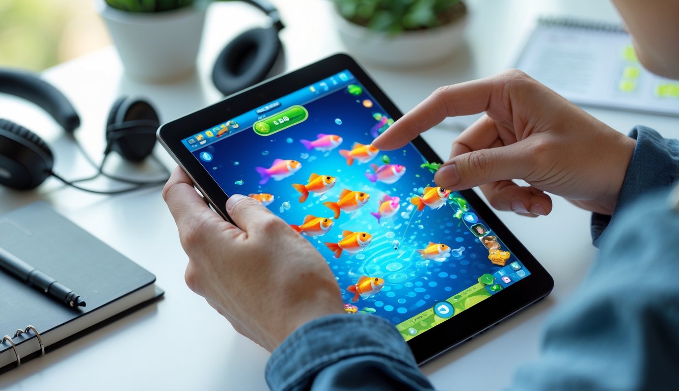 Seseorang menggunakan smartphone untuk bermain permainan tembak ikan di meja kerja dengan aksesori gaming di sekitarnya.