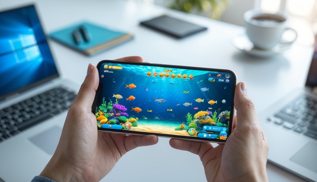 Seseorang memegang smartphone yang menampilkan permainan ikan berwarna-warni, dengan latar belakang meja kerja yang rapi.