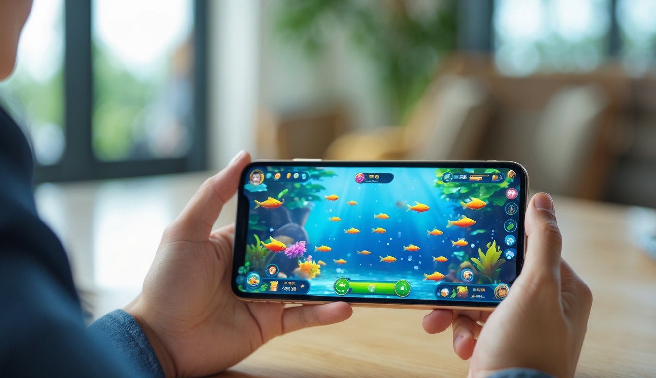 Seseorang memegang smartphone yang menampilkan permainan tembak ikan dengan latar belakang buram.