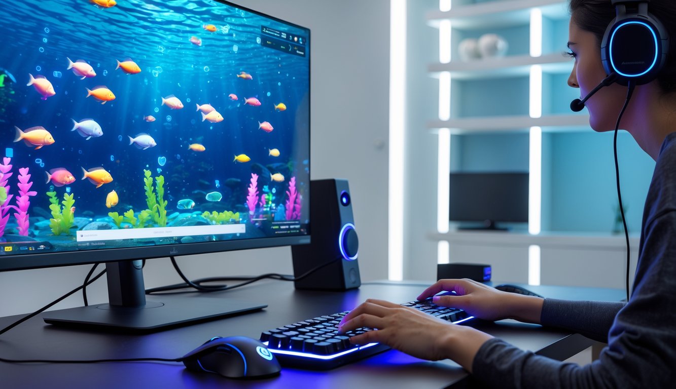Seseorang sedang bermain game tembak ikan online di komputer dengan layar menunjukkan ikan-ikan berwarna-warni di bawah laut.