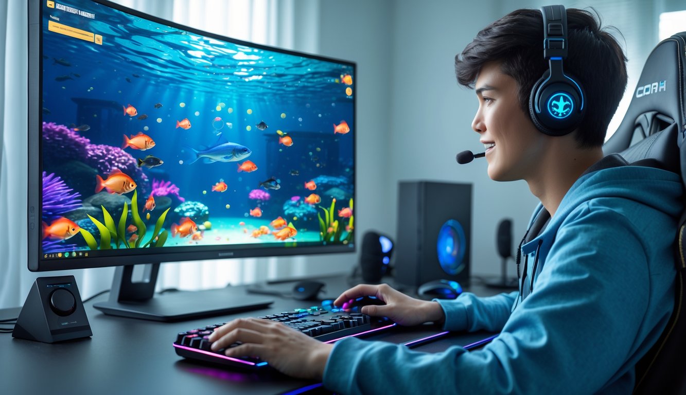 Seorang pemain muda sedang bermain permainan tembak ikan online di depan komputer dengan layar menampilkan ikan-ikan berwarna-warni di bawah laut.