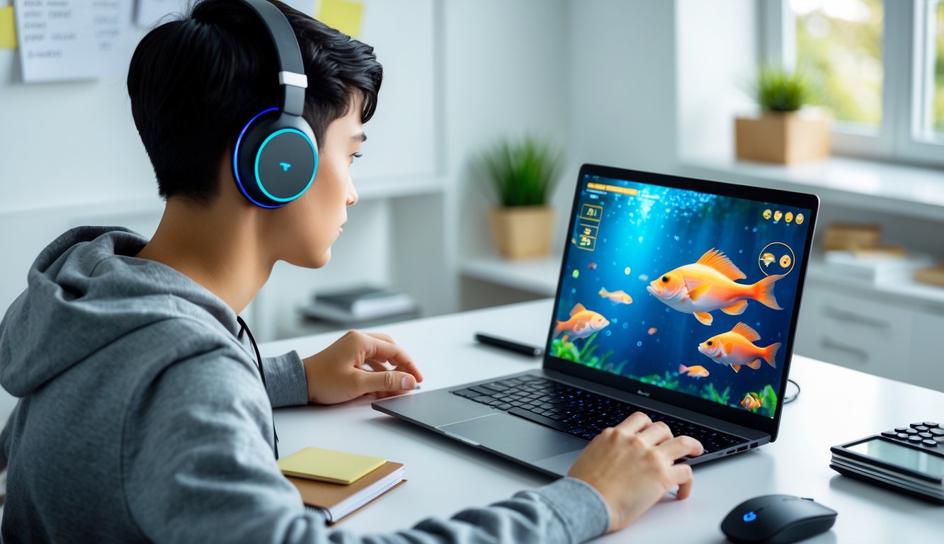 Seorang dewasa muda fokus menggunakan laptop di meja kerja dengan permainan tembak ikan online di layar, dikelilingi alat permainan dan catatan perencanaan.