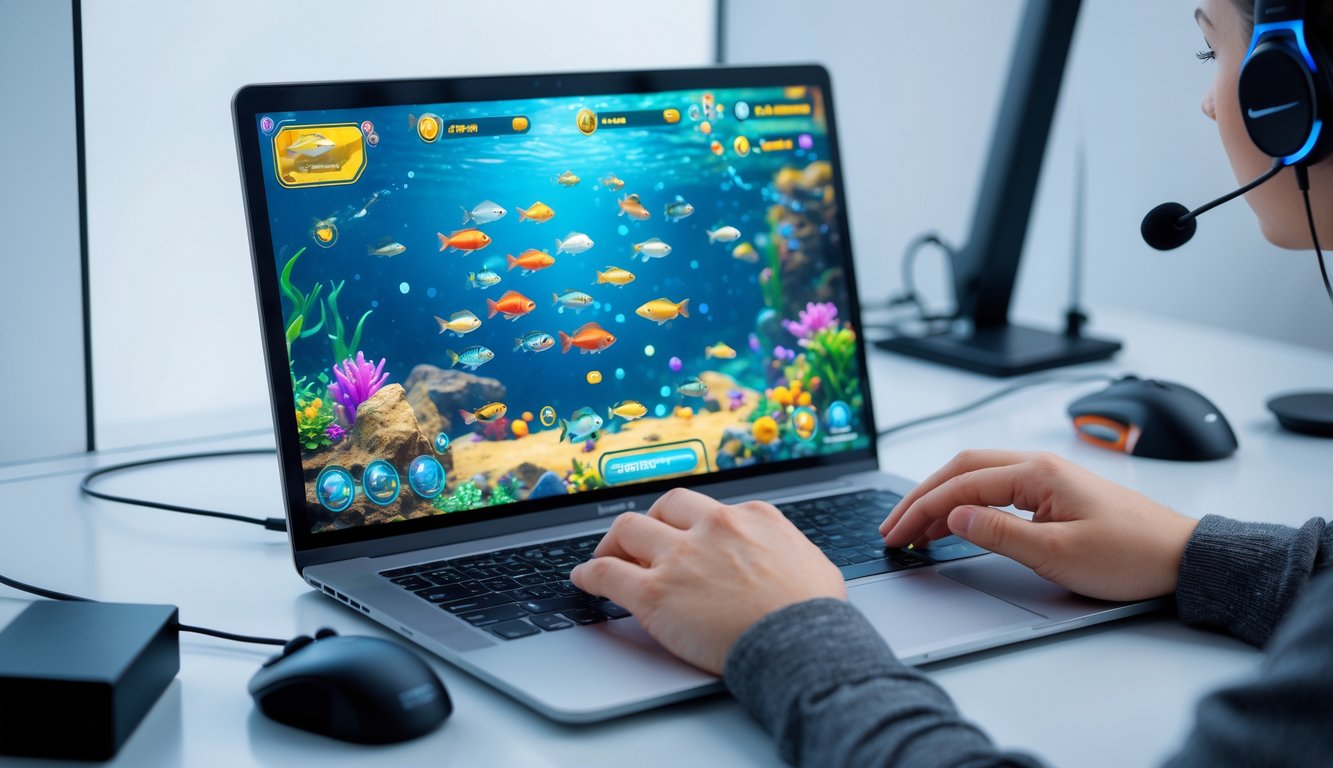 Seorang pemain menggunakan komputer untuk bermain permainan tembak ikan online dengan latar ruang kerja yang rapi.