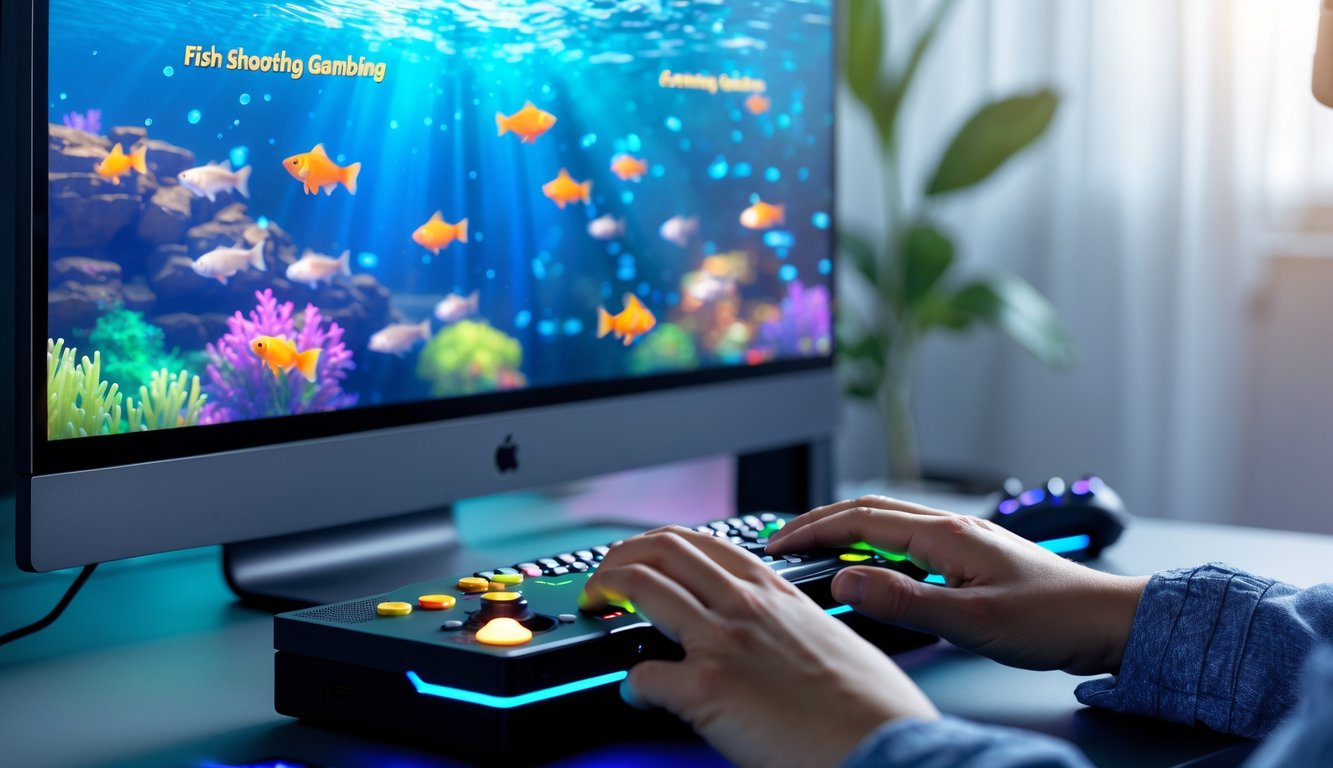 Seseorang sedang bermain game judi tembak ikan dengan layar komputer menampilkan grafik ikan berwarna-warni dan tangan yang memegang pengendali permainan.