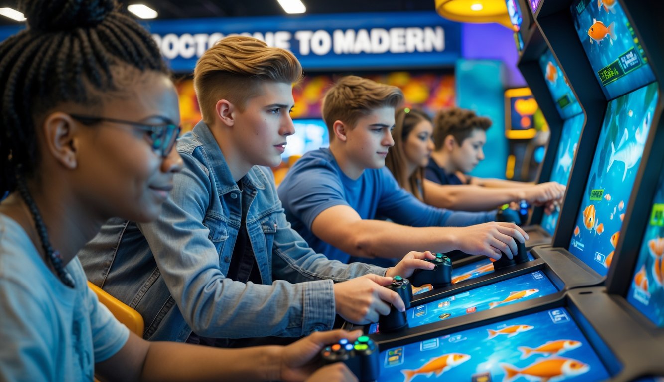 Sekelompok orang muda sedang bermain mesin tembak ikan di arcade dengan fokus dan semangat.