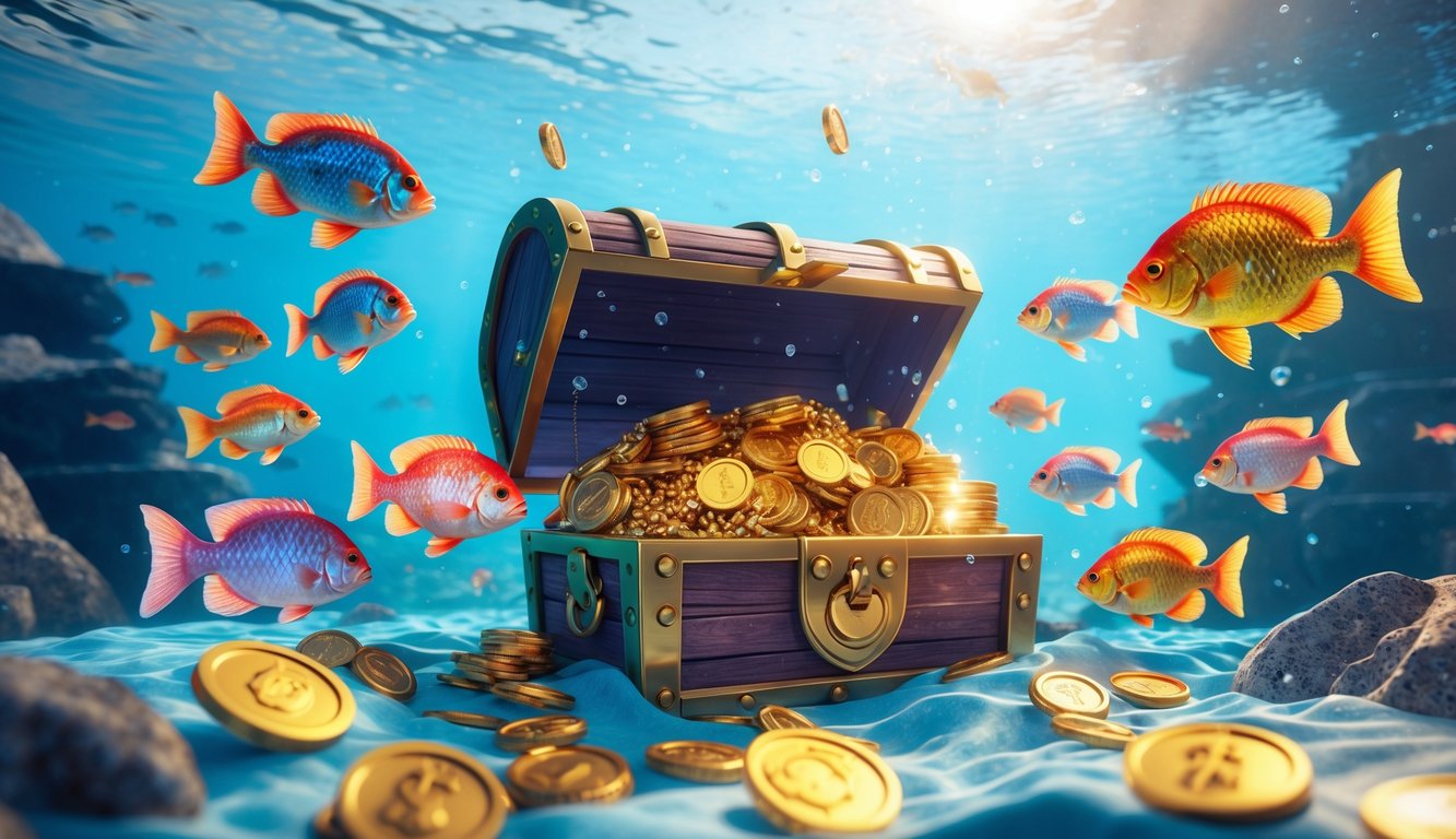 Pemandangan bawah laut dengan ikan berwarna-warni berenang di sekitar peti harta karun yang penuh dengan koin emas dan permata.