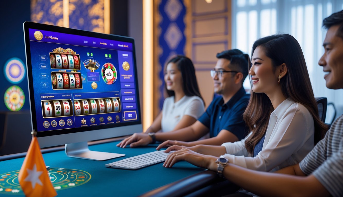 Orang-orang muda sedang bermain kasino online dengan layar komputer menampilkan permainan kartu dan roulette, dengan elemen budaya Indonesia di latar belakang.