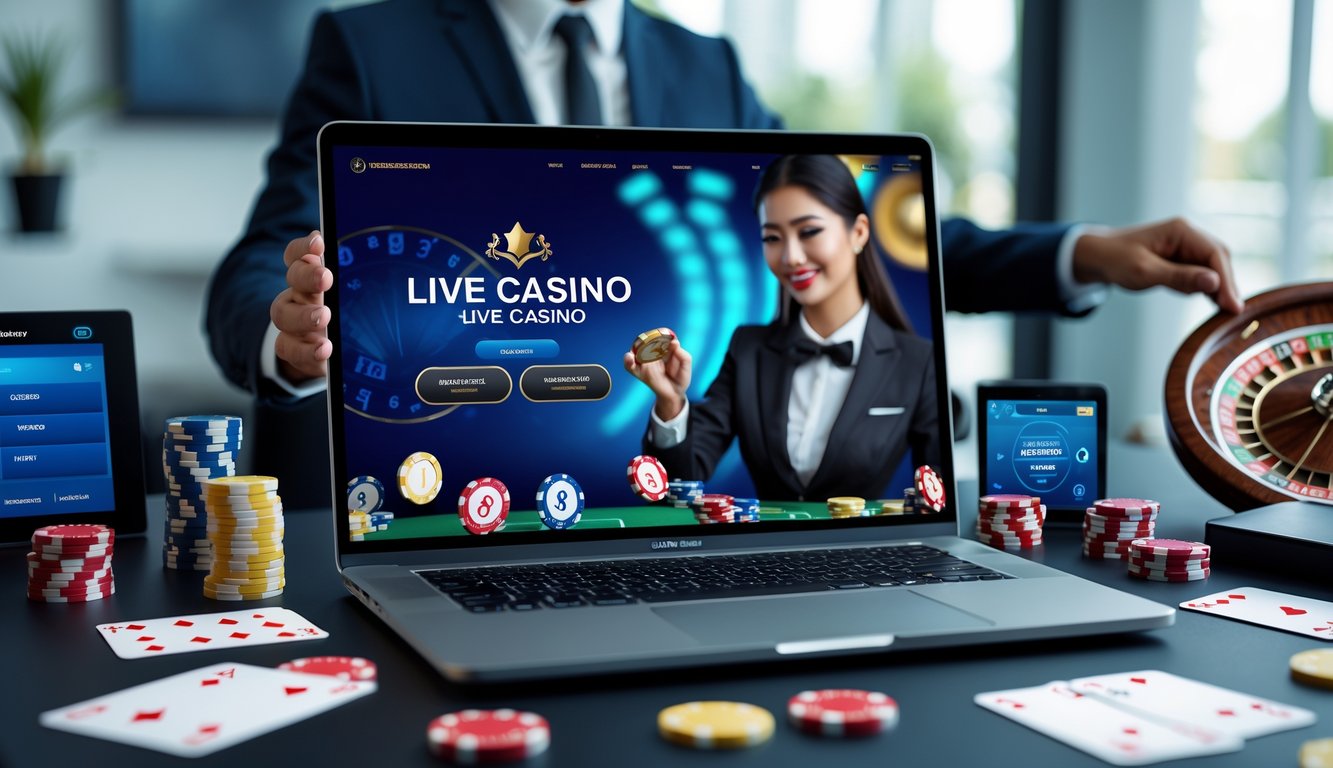 Seorang dealer kasino langsung sedang bermain di depan komputer dengan elemen kasino seperti kartu, chip, dan roda roulette di sekitar layar.