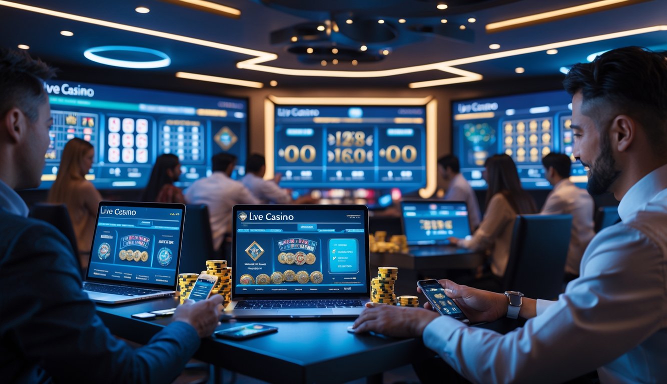 Suasana kasino online langsung dengan orang-orang menggunakan perangkat digital untuk bermain permainan kasino di ruangan modern yang terang dan nyaman.
