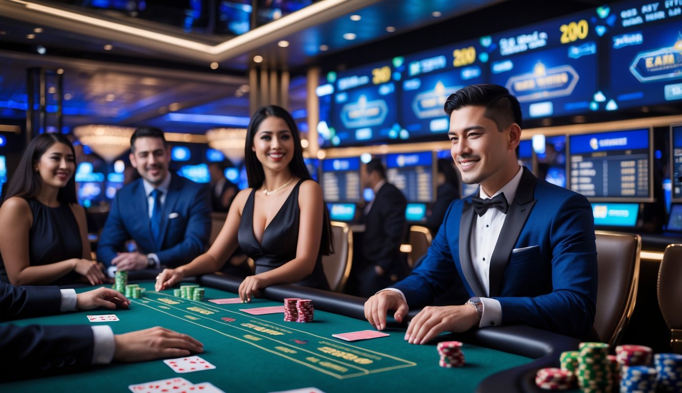 Seorang dealer dan pemain yang antusias bermain di meja kasino modern dengan teknologi canggih dan suasana yang aman dan menyenangkan.