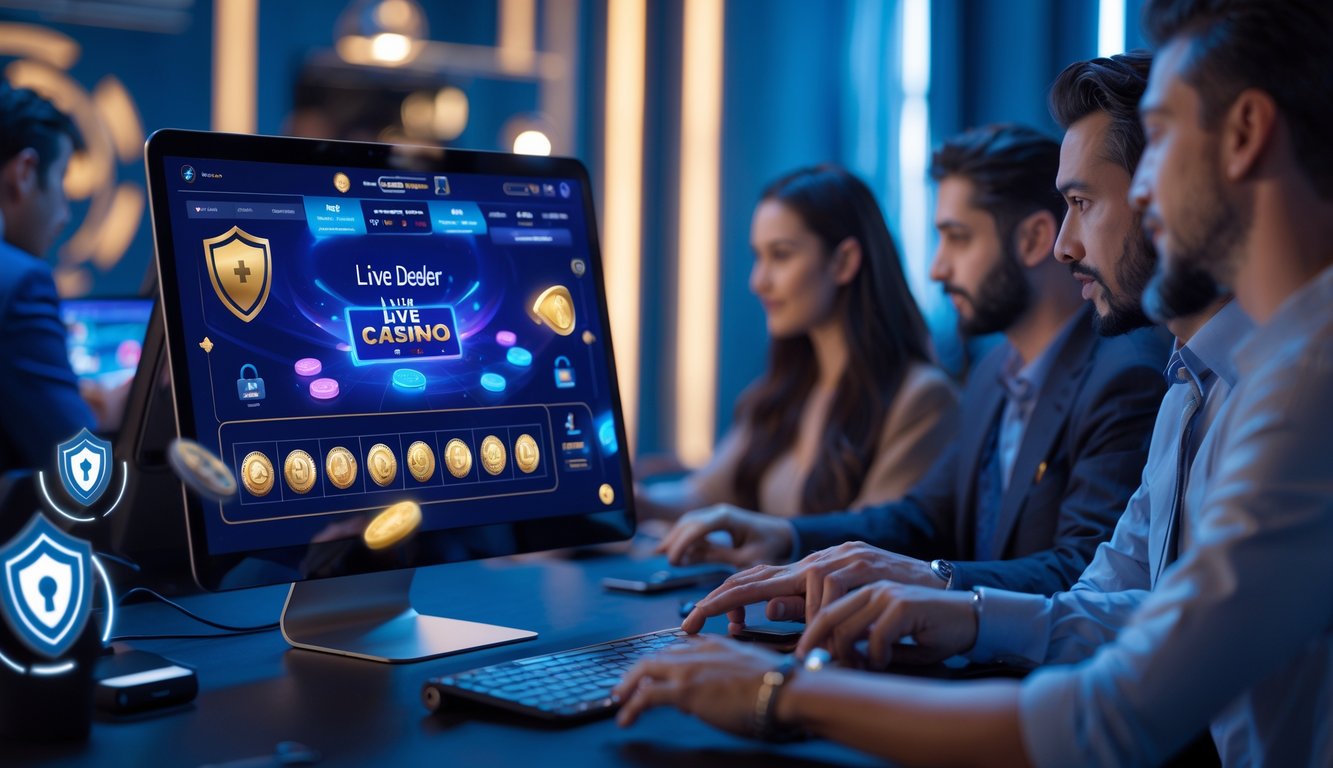 Orang-orang bermain live casino online dengan layar komputer yang menampilkan dealer langsung dan ikon keamanan di latar belakang.