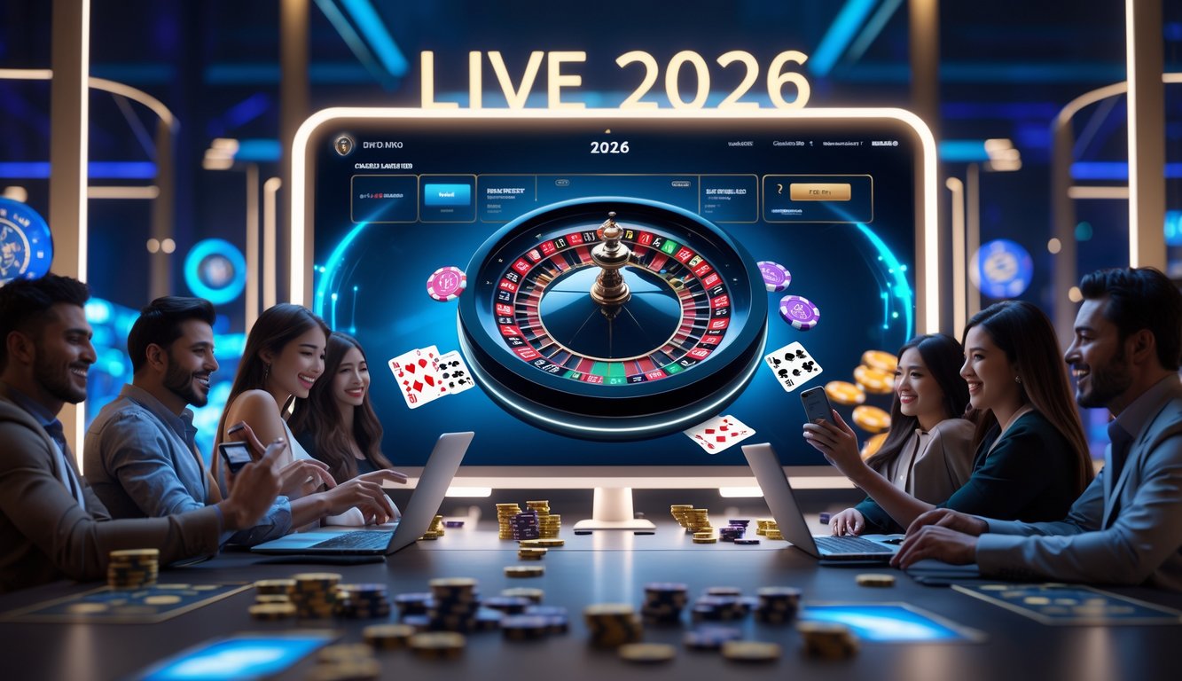 Orang-orang bermain kasino online dengan dealer langsung di layar besar, suasana mewah dan lampu ambient, memperlihatkan permainan kartu dan roda roulette.