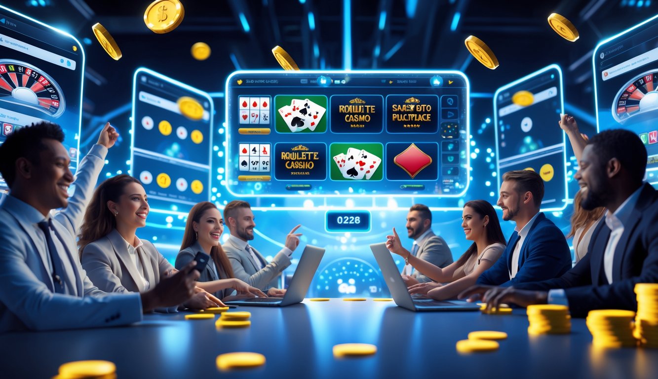 Sejumlah orang sedang bermain permainan kasino online dengan latar belakang layar digital menampilkan berbagai permainan kasino dan simbol jackpot.