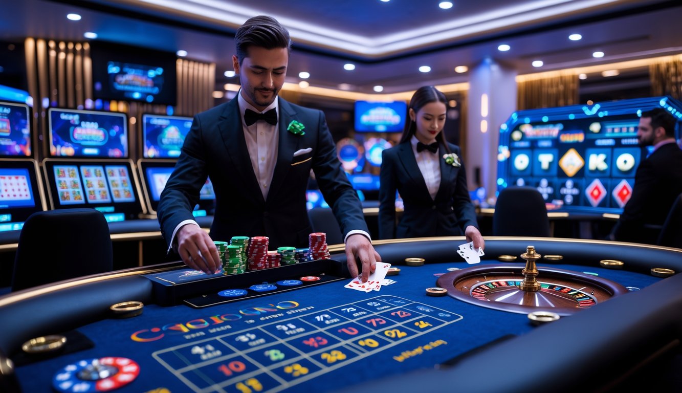Studio kasino online dengan dealer profesional yang sedang bermain kartu dan mengelola roda roulette, dikelilingi layar digital dan pencahayaan modern.