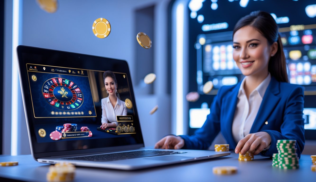Seorang wanita dealer kasino langsung sedang bermain di depan komputer dengan latar belakang studio modern dan elemen digital yang menunjukkan pengalaman kasino online.