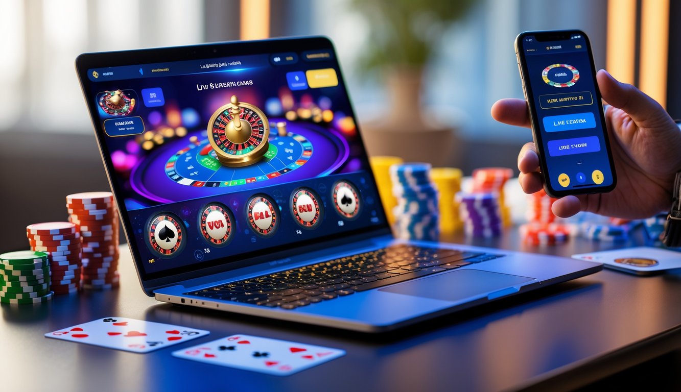 Seorang pengguna sedang bermain kasino online dengan laptop dan smartphone di meja yang rapi dengan chip kasino dan kartu remi.
