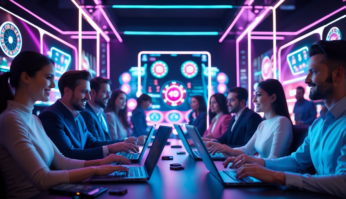 Beberapa orang menggunakan perangkat digital untuk bermain live casino online dengan latar belakang lampu neon dan elemen kasino.