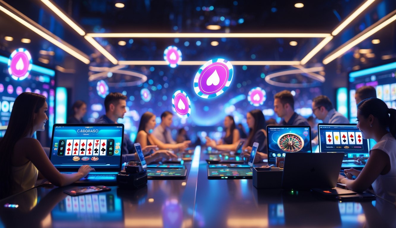 Beberapa orang menggunakan perangkat digital untuk bermain permainan kasino langsung dengan latar belakang antarmuka permainan berwarna-warni dan suasana yang hidup.