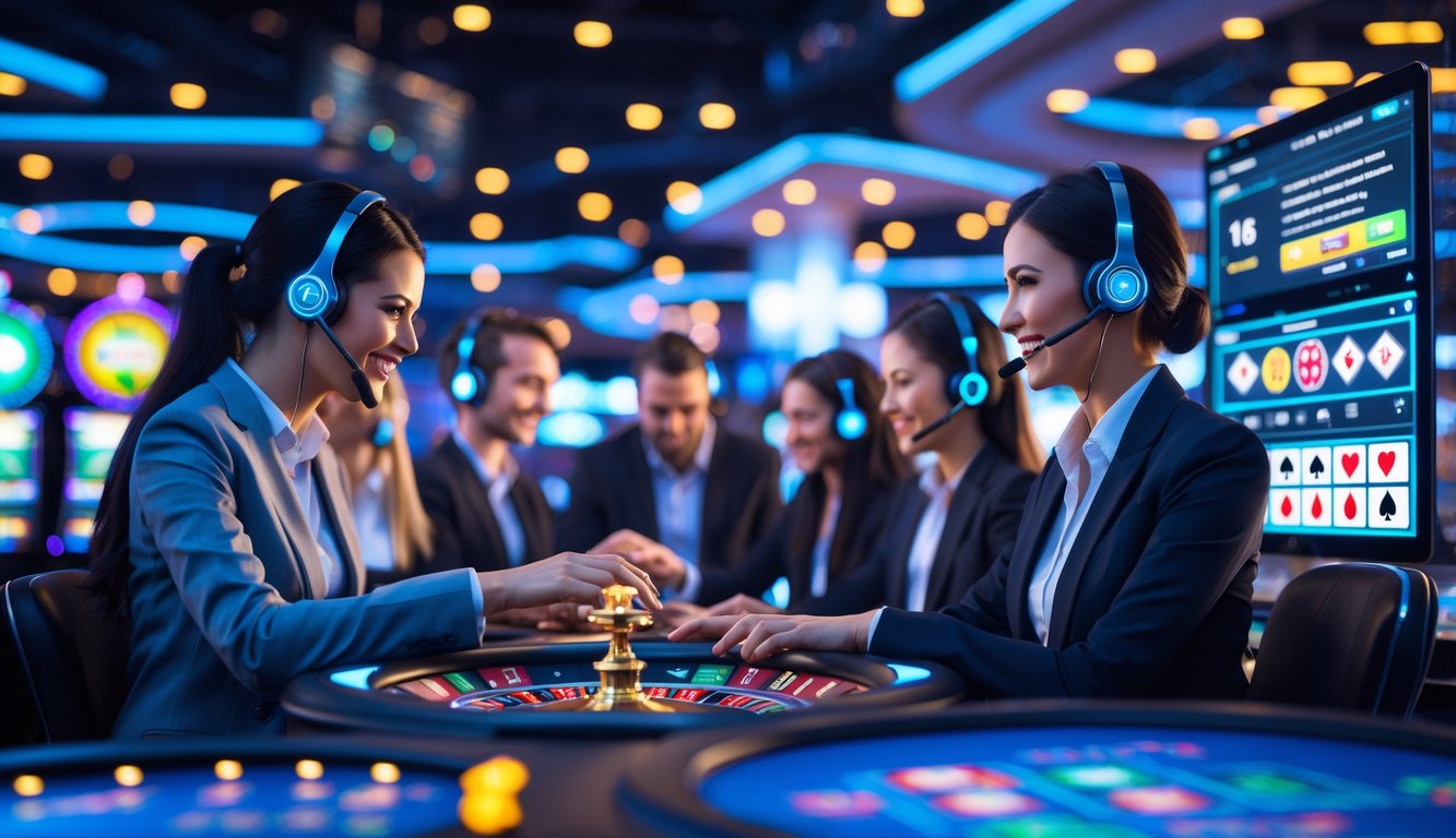 Suasana kasino online dengan staf layanan pelanggan yang ramah sedang membantu pemain melalui komputer.
