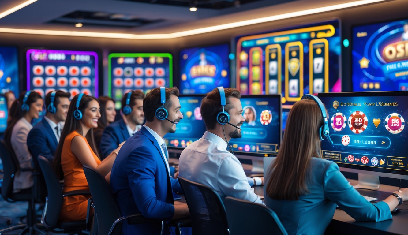 Orang-orang bermain kasino online dengan layanan pelanggan aktif di ruang kantor modern.