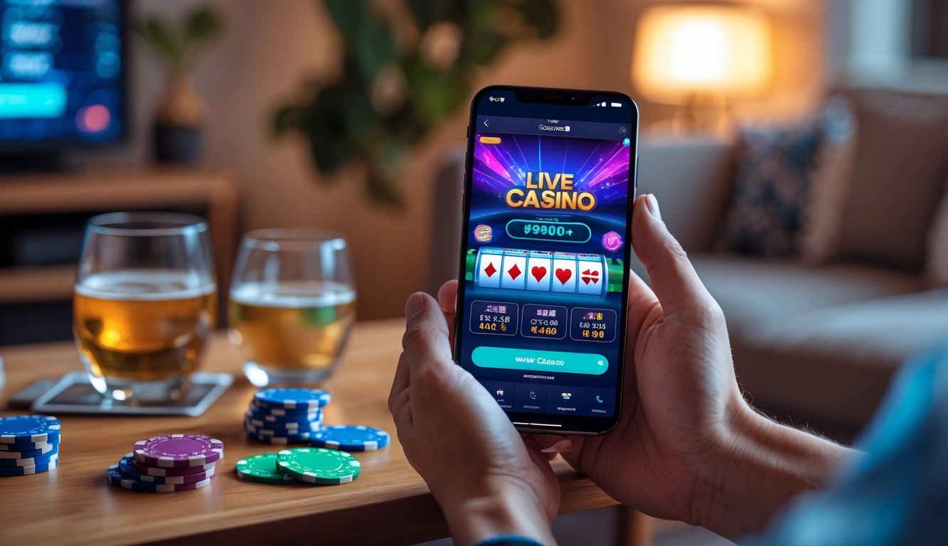 Seseorang memegang smartphone yang menampilkan permainan kasino langsung dengan chip dan kartu di meja di ruang tamu yang nyaman.